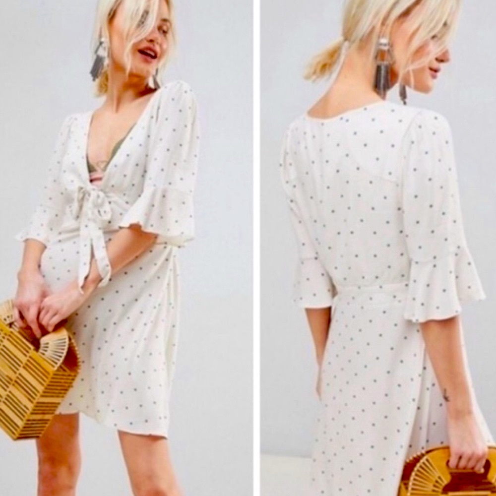 Free People All Yours Polka Dot Tie-Front Mini Dress White Black Size 6 NWT